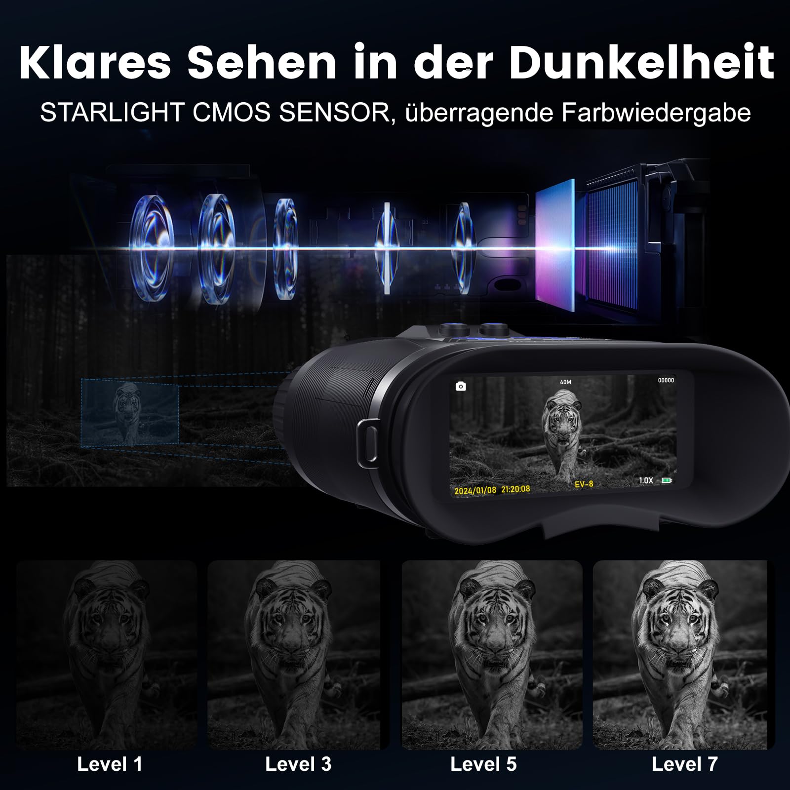 Nachtsichtgerät 4K Nachtsichtfernglas - 3" Digital Infrarot Fernglas für Erwachsene, 5000mAh Wiederaufladbares, 8X Digitalzoom Nachtsicht 400M für Camping, Jagd & Sicherheit Beobachtung