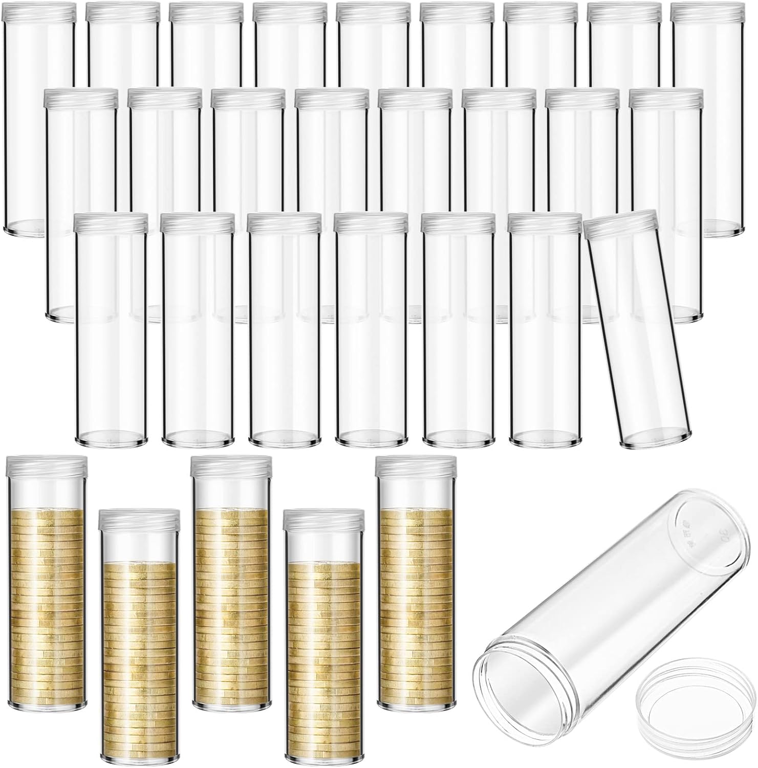 Roowest 30 Pieces Coin Storage Tube Penny Coin Tube Plastic Round Clear Penny Tubes Holder Container Organizer with Screw on Lid for Collection Supplies Bank Rolls