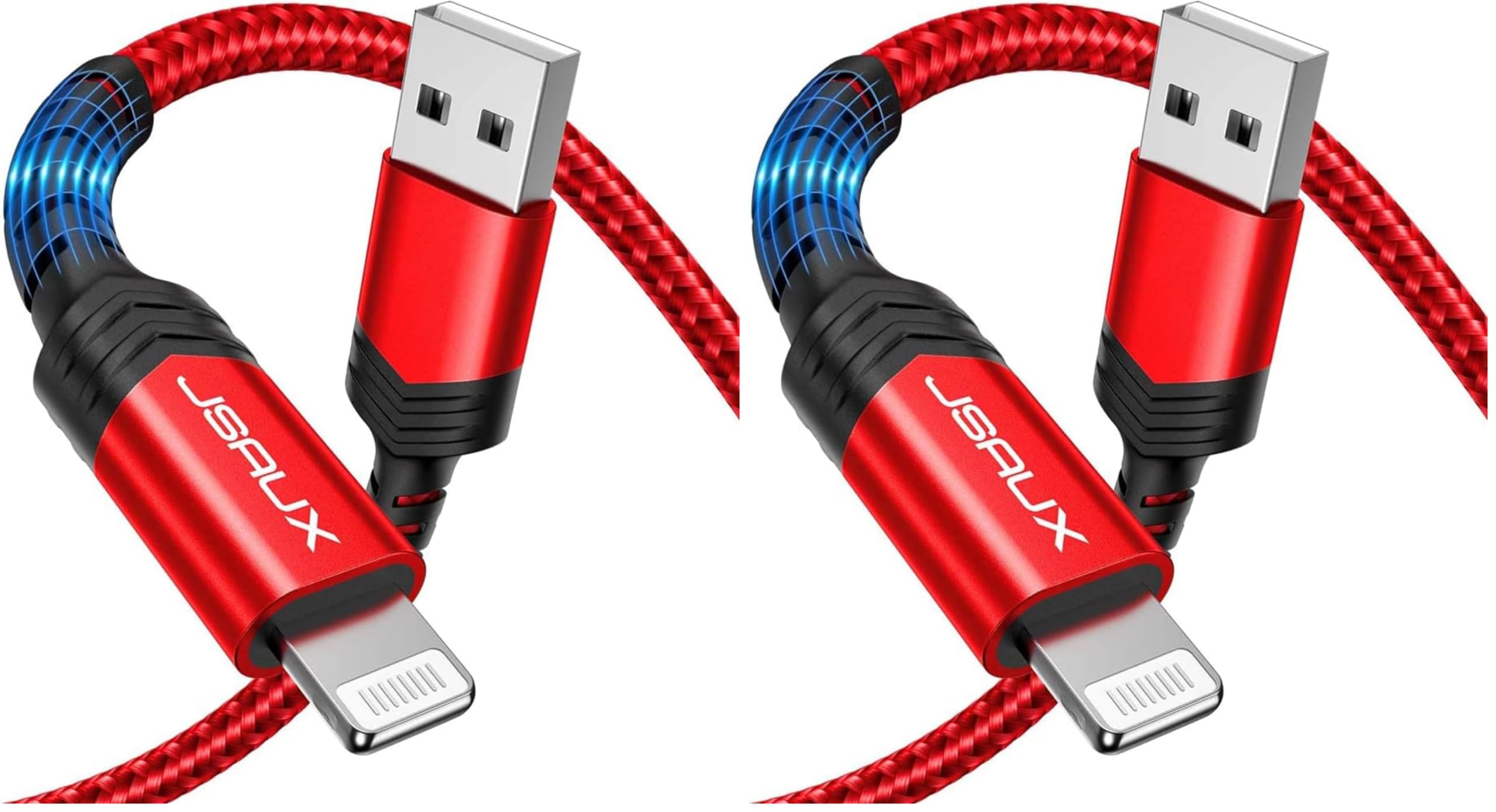 JSAUX MFi Certified Lightning Cable 6ft, Charger Cable for iPhone Nylon Braided Heavy Duty, Upgraded C89 USB Lightning Cord for iPhone 11 Xs Max X XR 8 7 6s 6 Plus SE 5 5s, iPad, iPod-Red (Pack of 2)