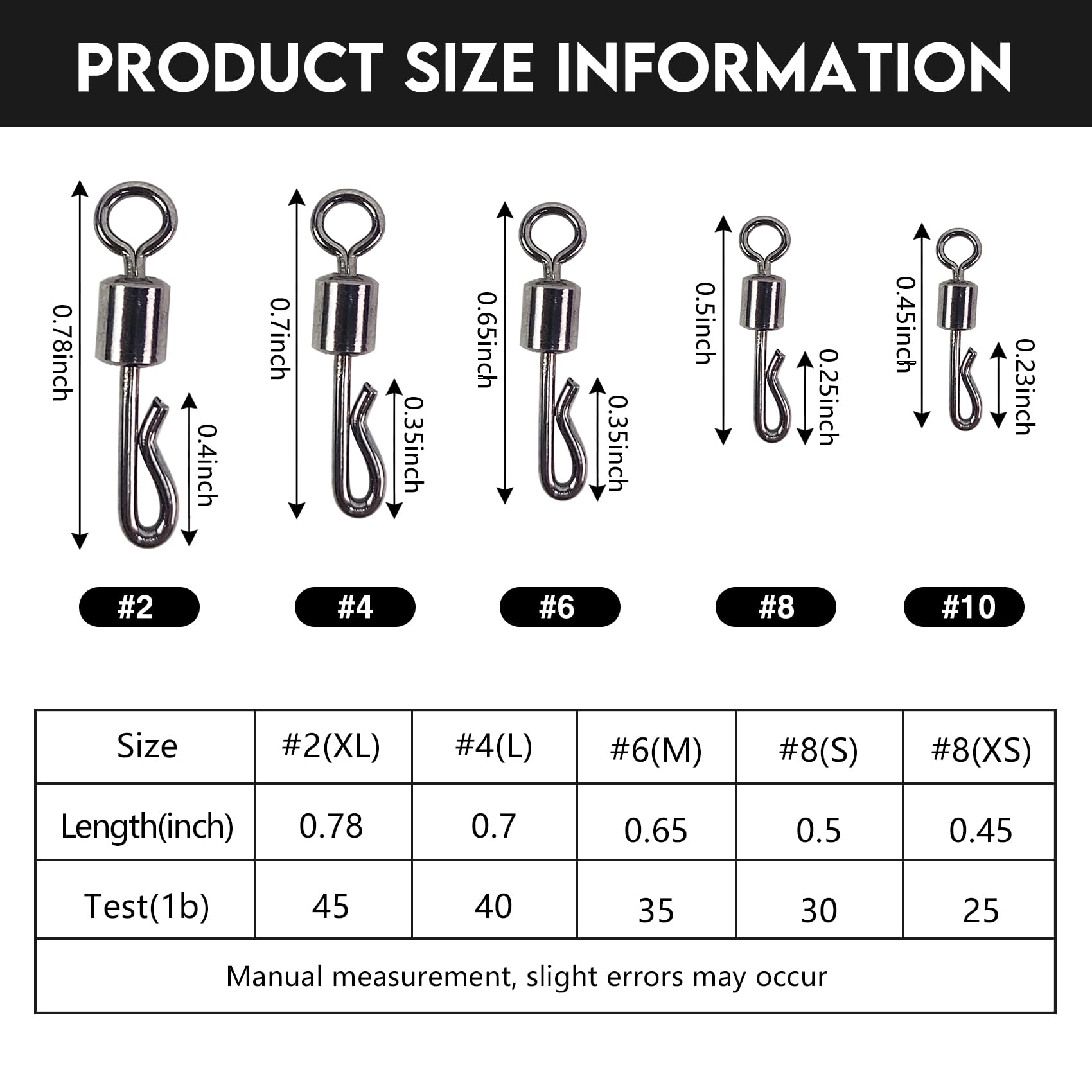 EUPHENG 50/150/250PCS Q Shaped Swing Snaps 5 Sizes Quick Change Swivels to Connect Main Line Reduce Line Twist