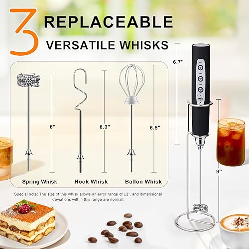 Miniatura 4 de YUSWKO Varita espumadora de leche de mano negra con soporte para café, batidor eléctrico recargable con 3 cabezales, mezclador de bebidas de 3