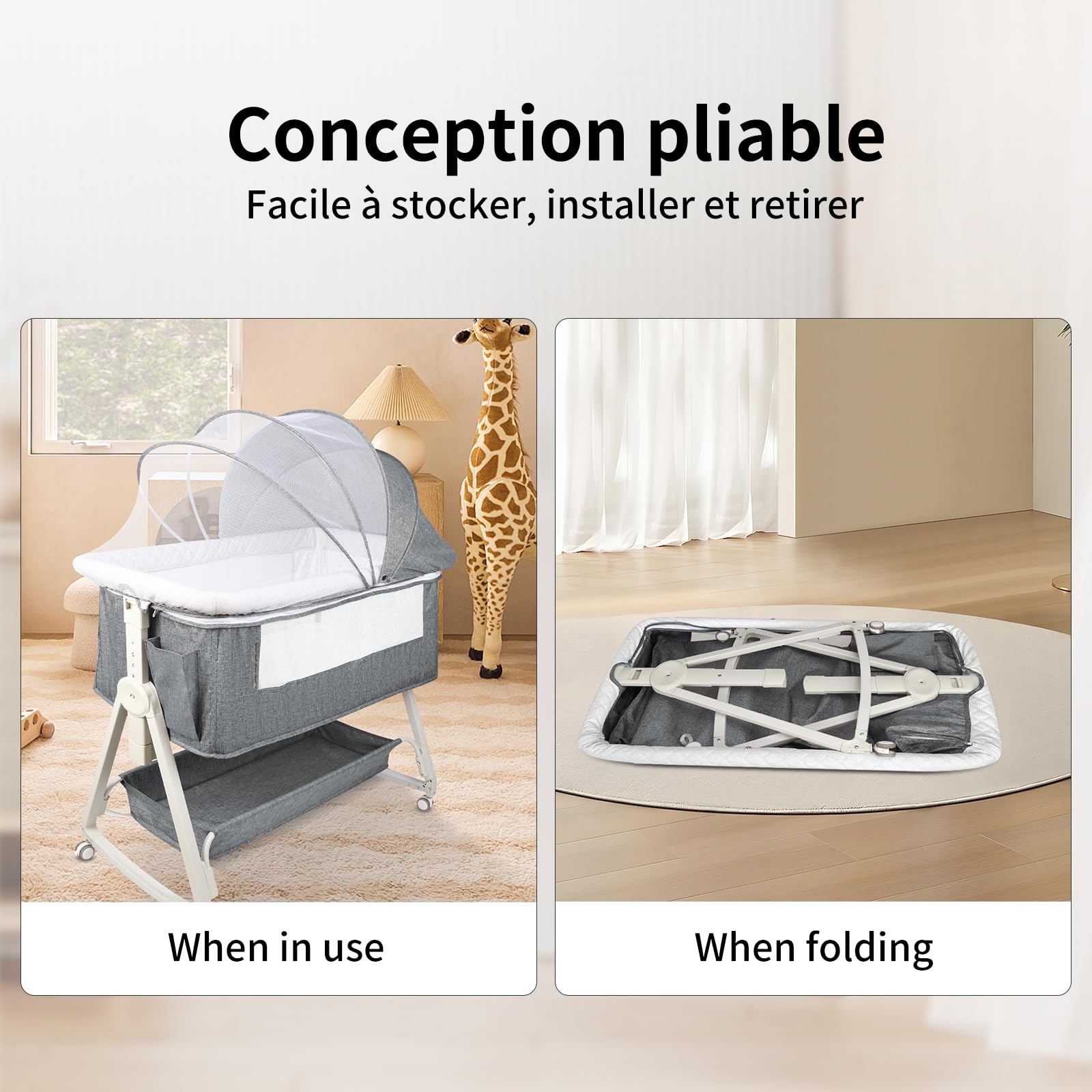 OHMG 3 in 1 Babybett bis 9 kg,Beistellbett,Wiege,Höhenverstellug und Einstellung der Neigung der Matratze,4 Räder mit Bremse Ergonomische Matratze Tasche (95x50x98-110cm(grau))