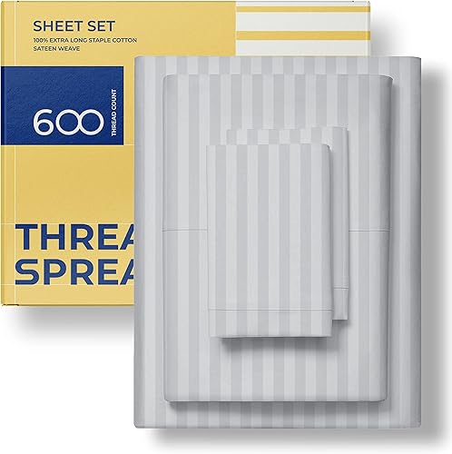 Juego de sábanas de 600 hilos de calidad egipcia 100% algodón a rayas, tamaño individual, color plateado