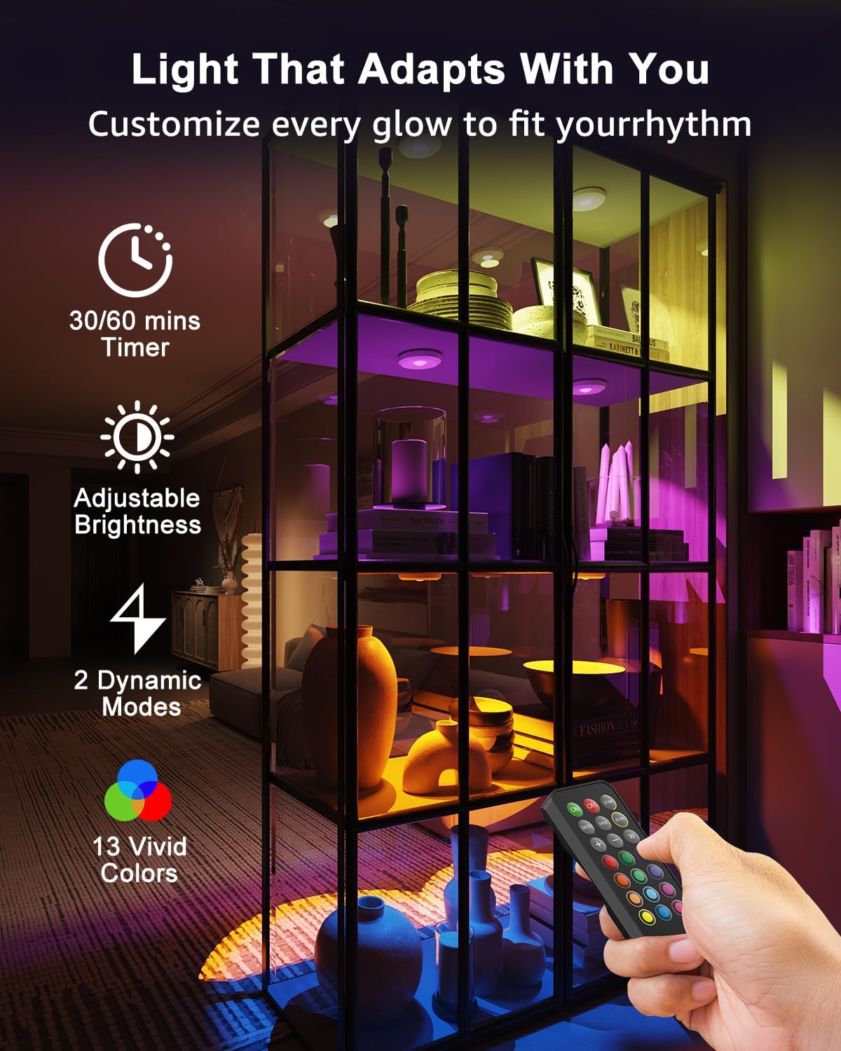 Rechargeable Color Changing Puck Lights with Remote, 2400mAh Battery Touch Light Magnetic Push Tap Lights Wireless RGB LED Under Cabinet Lighting, Sitck On Light for Kitchen, Closet, Classroom, Shelf