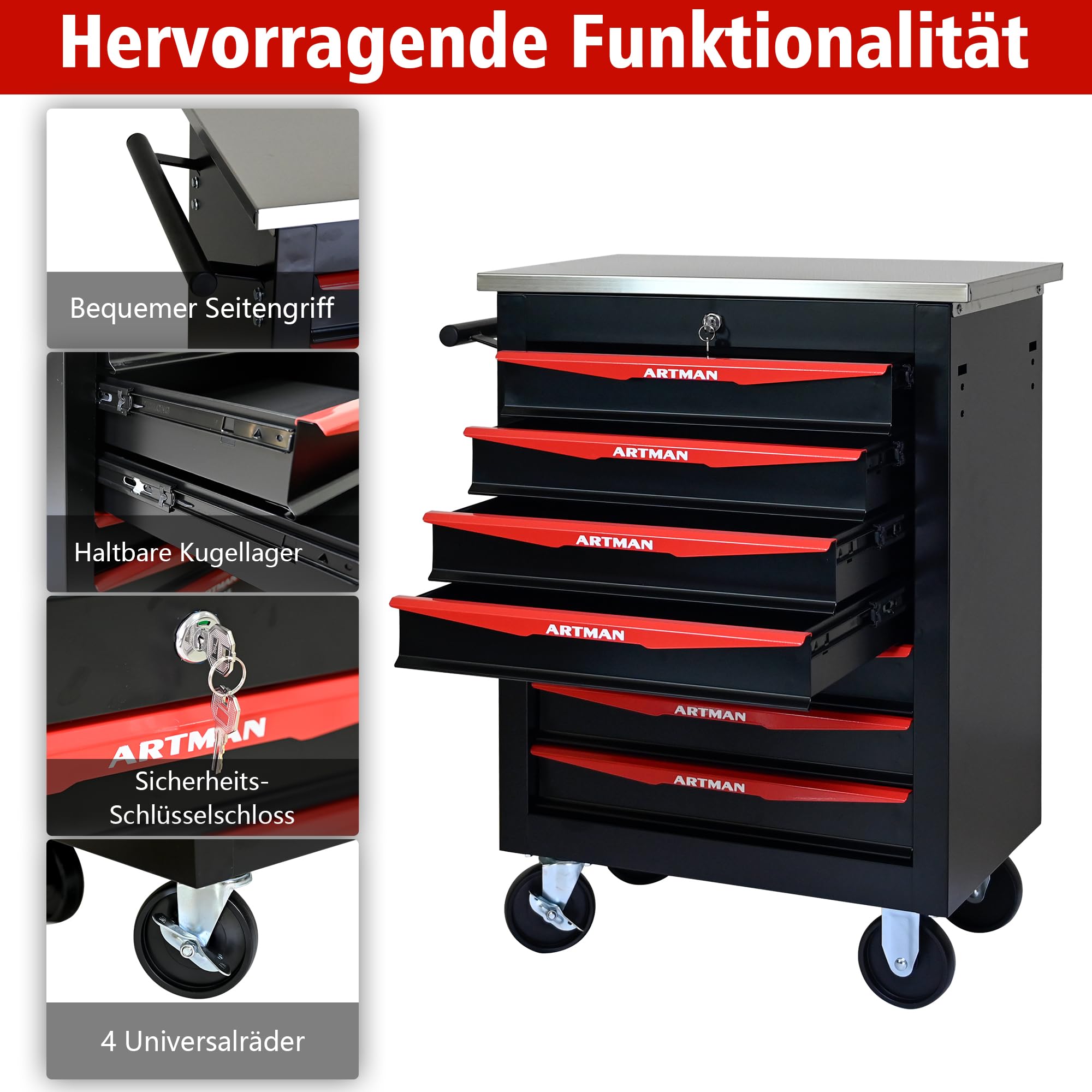 Carro de herramientas con 7 cajones y ruedas, contenedor con ruedas de metal para garaje y taller, color negro y rojo