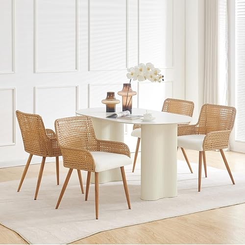 Miniatura 8 de Sillas de comedor de ratán, sillas de comedor tapizadas de tela Boucle con reposabrazos y respaldo de caña de polietileno, sillas de comedor