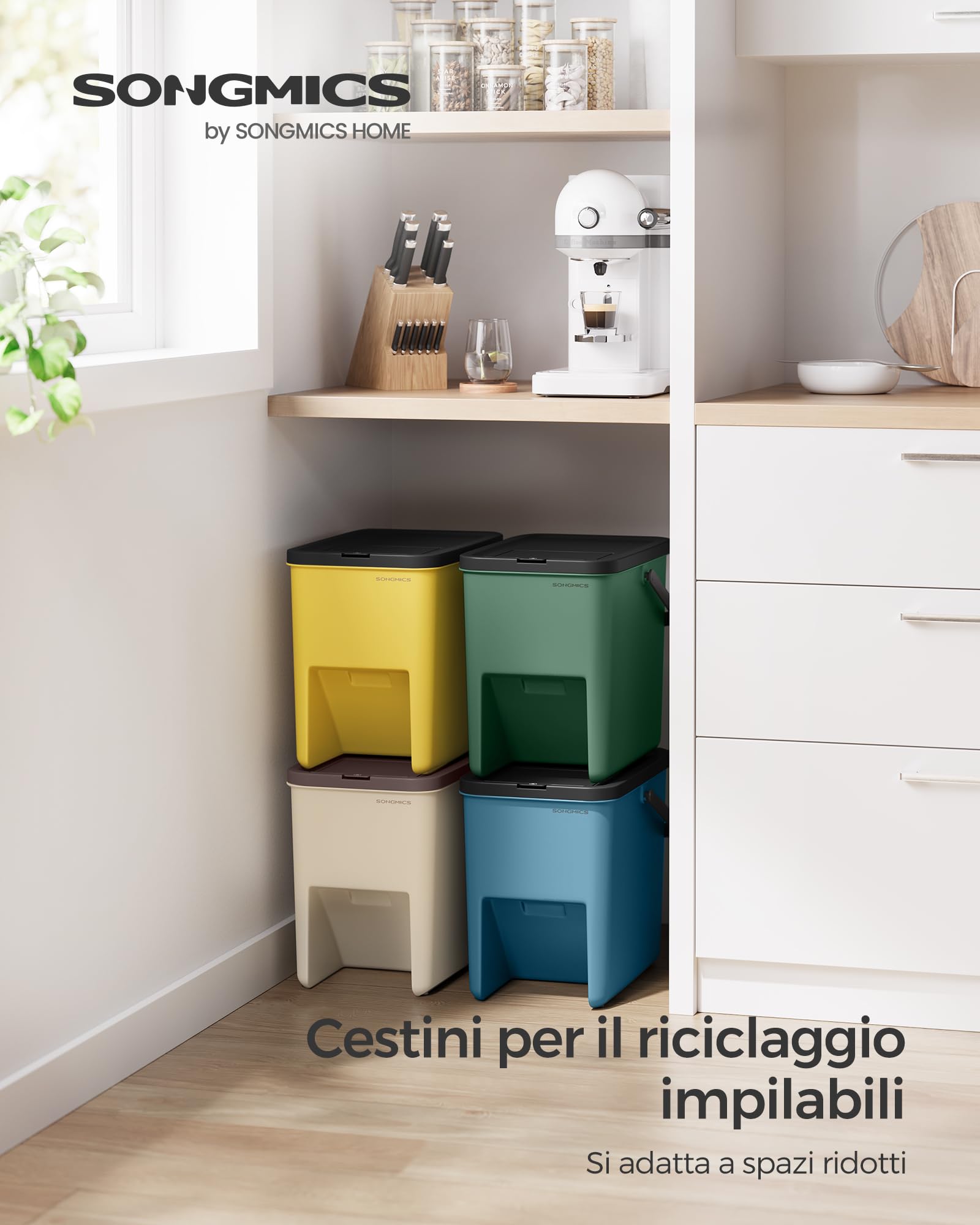 SONGMICS Cestino da Cucina Raccolta Differenziata, Set di 4 Pattumiere Impilabili 20L, Smaltimento Rifiuti, Coperchi a Pressione, Adesivi, Contenitori, Giallo, Blu, Beige e Verde LTB760Q01