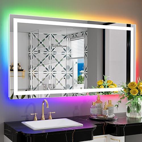 Espejo de baño LED RGB de 55 x 30 pulgadas, luz frontal y retroiluminado RGB, espejo de tocador para baño, montado en la pared, regulable, anti