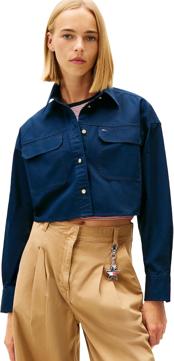 Tommy Jeans Women's Long Sleeve Cotton Cropped Utility Shirt with Embroidered Flag Logo