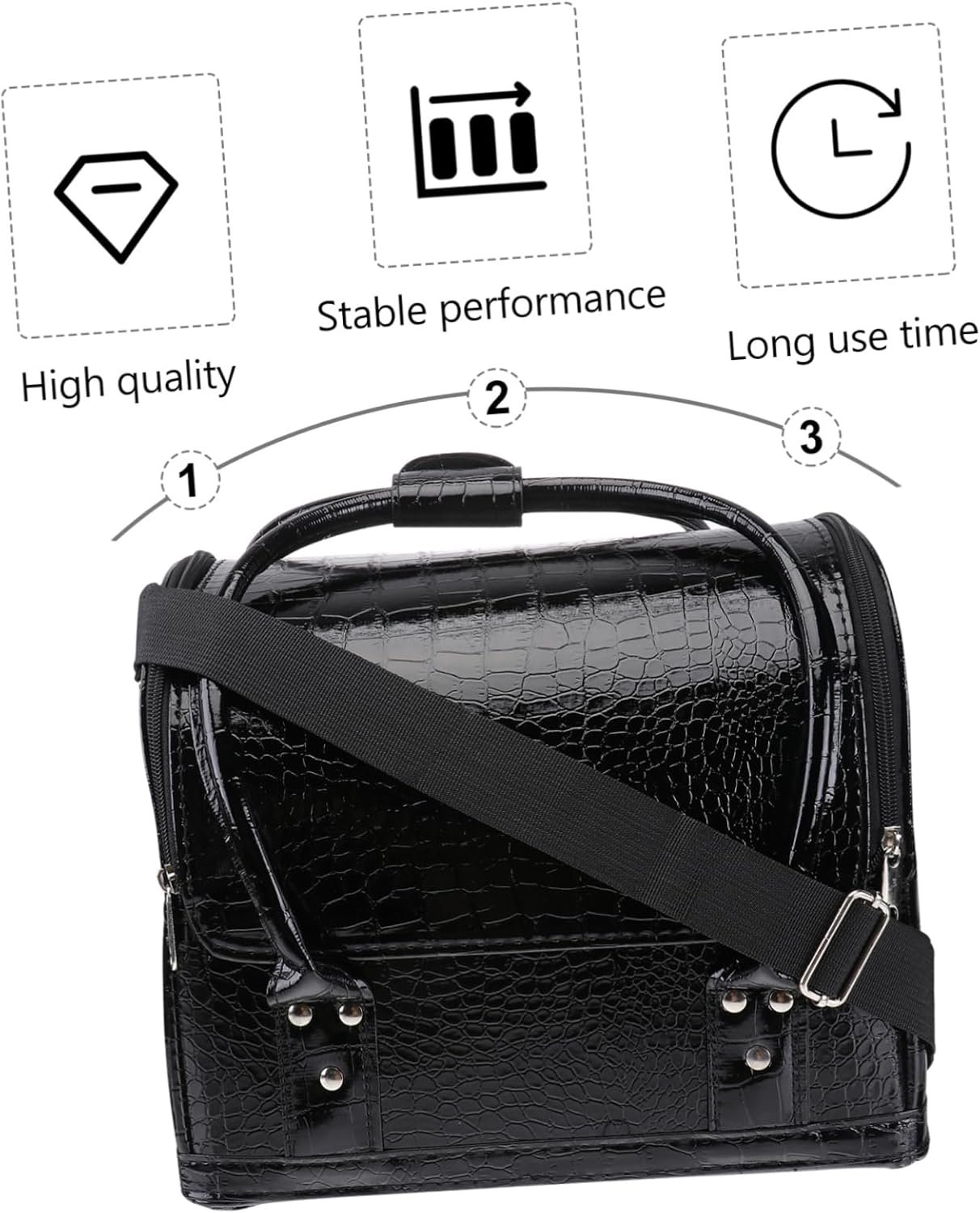 balacoo Professional Pu Leather Makeup Case with Shoulder Strap Rolling Cosmetic Organizer for Travel Capacity with Compartments Chic Black Design