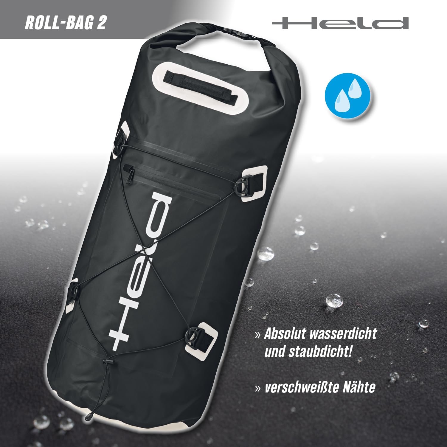 Held Roll-Bag 2 Motorrad Tasche - 100% wasserdichte und Staubdichte Hecktasche Motorrad aus Starkem Tarpaulin mit Reflex-Prints & Roll-Klickverschluss - Größe 40 Ltr. - Schwarz