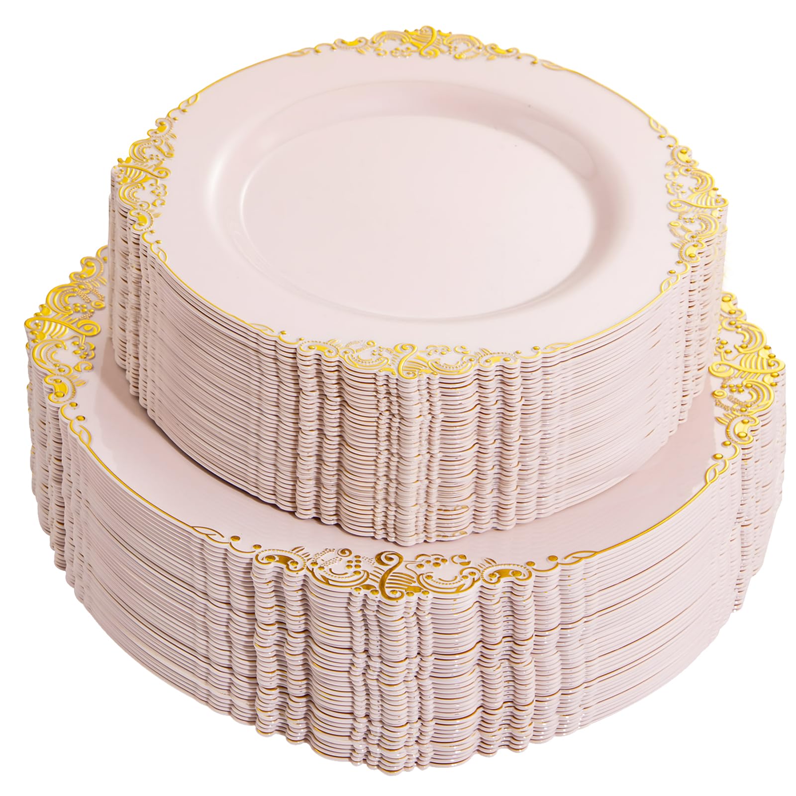 102PCS Pink Plastic Plates - Pink and Gold Plate - Heavyweight Disposable Plate with Gold Rim - Fancy Dinner & Dessert Plates for 51 Guests Weddings & Parties