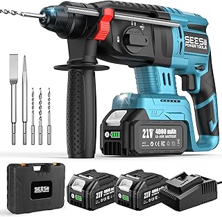 Seesii 3-in-1 Martillo Perforador a Baterías: 2,5J Potente Martillo Percutor sin cable con Motor sin escobillas, 2 * 4,0AH Baterías y Cargador, 5 piezas SDS-plus, Mango Antivibración, Para Bricolaje