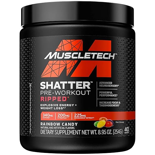 Pre Workout + Weight Loss | MuscleTech Shatter Ripped Pre-Workout | Pre Workout for Men & Women | PreWorkout Energy Powder Drink Mix | Energy + Weight Loss Formula | Rainbow Candy (40 Servings)