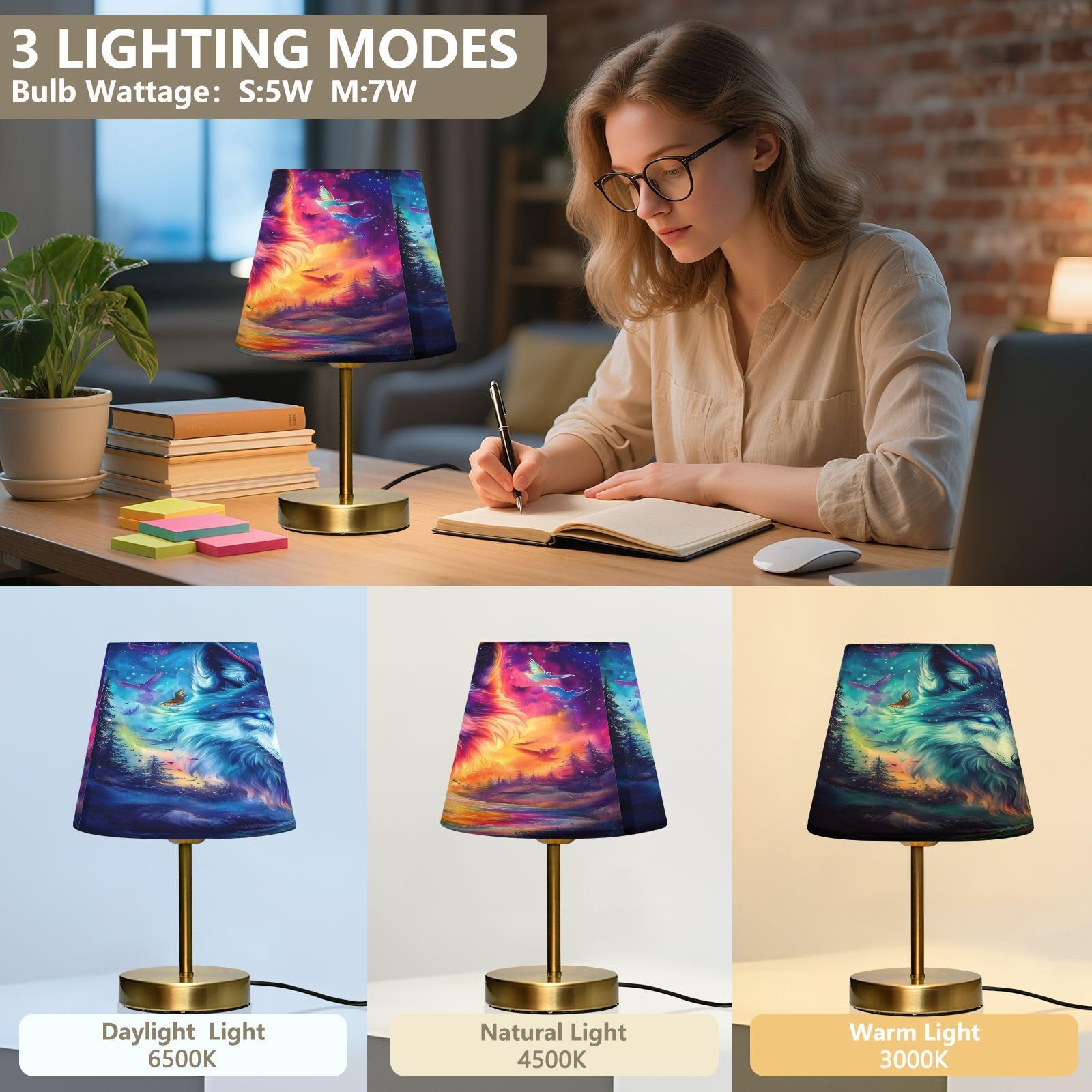 Tischlampe für Schlafzimmer, Nachttisch, Wolf, Galaxie, Waldfeuer, Nachttischlampe mit USB-Anschluss, Stoffschirm, dimmbar, Schreibtischlampen, Bronze, Metallsockel, Wohnzimmer