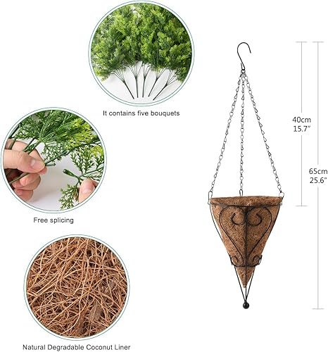 Miniatura 3 de Plantas colgantes artificiales en cesta, falsas plantas de helechos de algas marinas rizadas con cadena de forro de coco, maceta de palma, planta