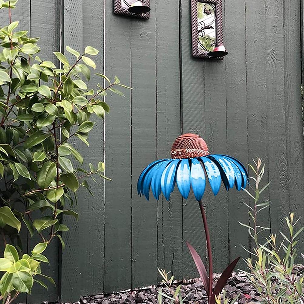 Qcwwy Piquets de Fleurs en Métal, Mangeoire à Oiseaux Bleue pour Jardin Extérieur, Plateau de Graines d'oiseaux en Métal avec Conception Pliable Facile et Piquet de Fleurs (Blue)