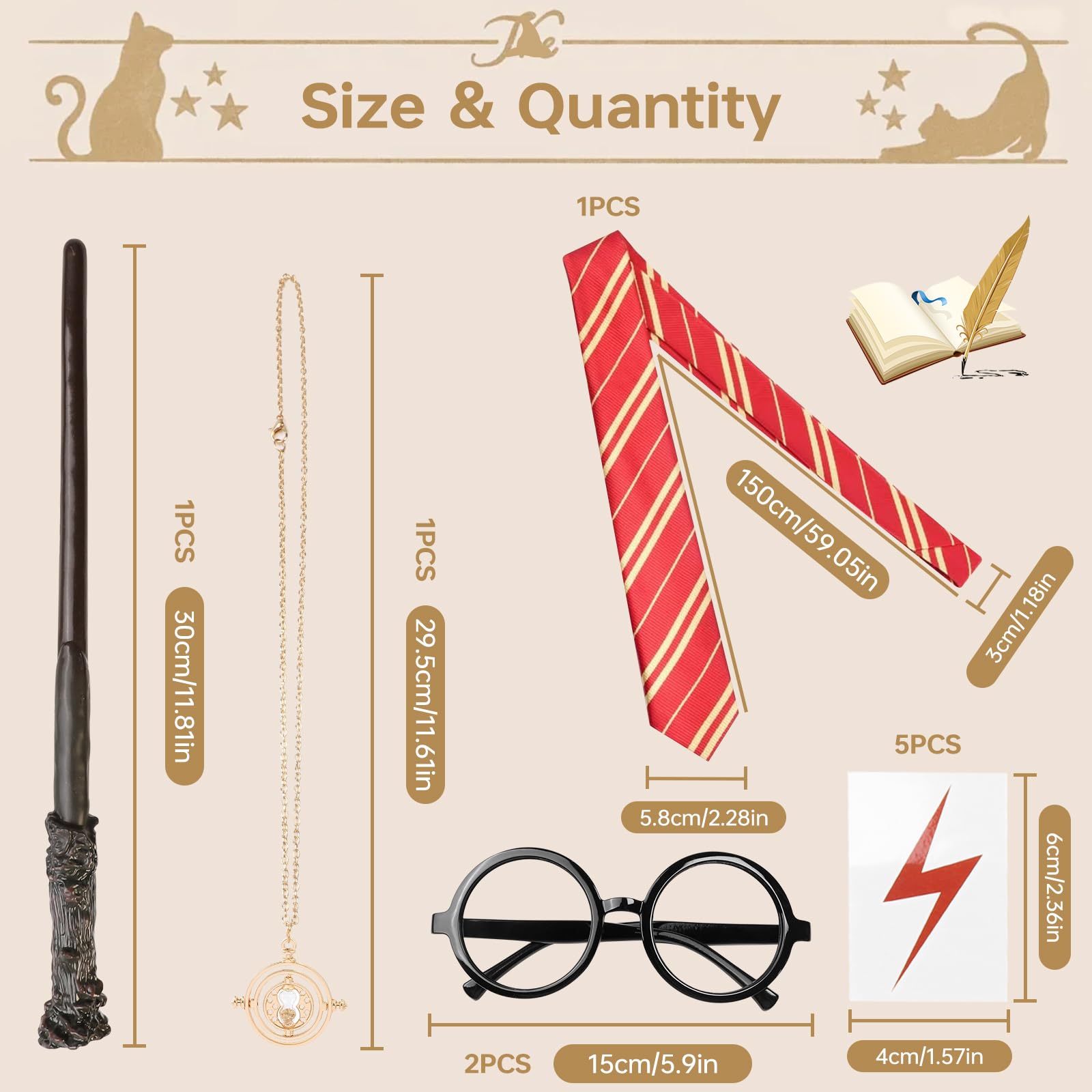 ZUYIST 6PCS Classic Wizard Costume Accessories, Wand Tie Glasses Necklace & Tattoos for Adults & Kids, Magic/Fantasy Theme Party Accessories - Image 3