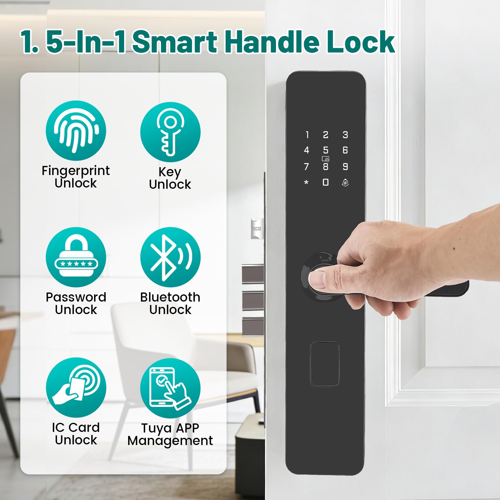 Cerradura Inteligente para Puertas, Cerradura Electrónica con Huella Digital, 6 Modos Apertura, Cilindro Clase C, APP Control, 2 Tarjetas NFC, Fechadura Inteligente para Puertas 40mm Casa Oficina