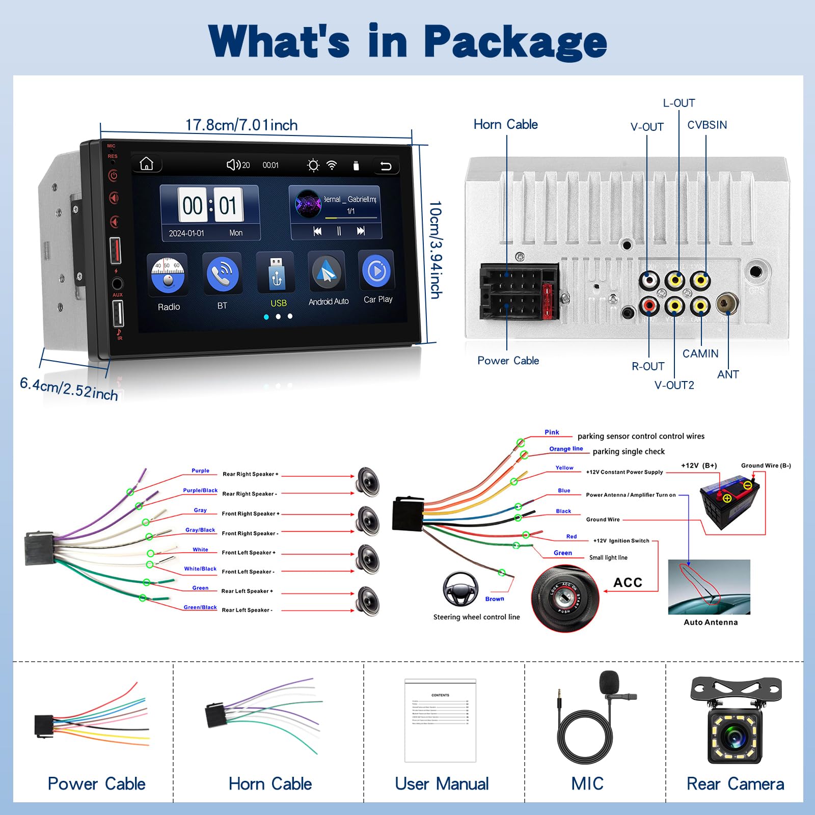 NHOPEEW Radio de Coche 2 DIN Compatible con Carplay inalámbrico y Android Auto - Radio de Pantalla táctil de 7 Pulgadas Compatible con Mirror Link Steer Wheel Control FM EQ + Cámara de Seguridad