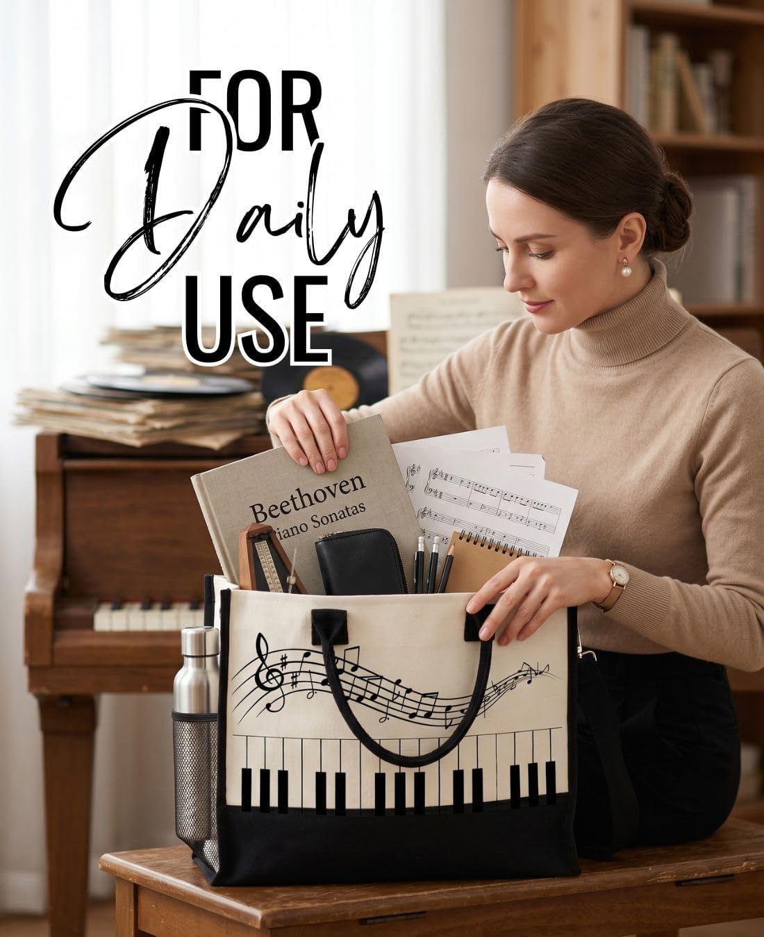 InnoBeta Piano Gifts Canvas Tote Bag for Women, Important Piano Stuff Bag, Pianist Gifts for Teacher Appreciation Day, Birthday, Thanksgiving, Christmas