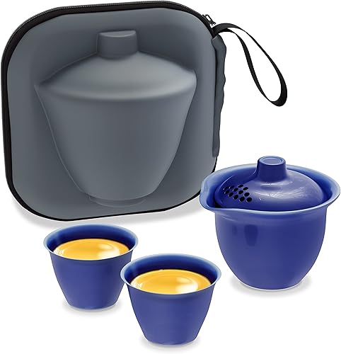 Stariver Juego de tazas de té de viaje, taza de viaje portátil de cerámica con 2 tazas de té, juego de tazas de té al aire libre para oficina y