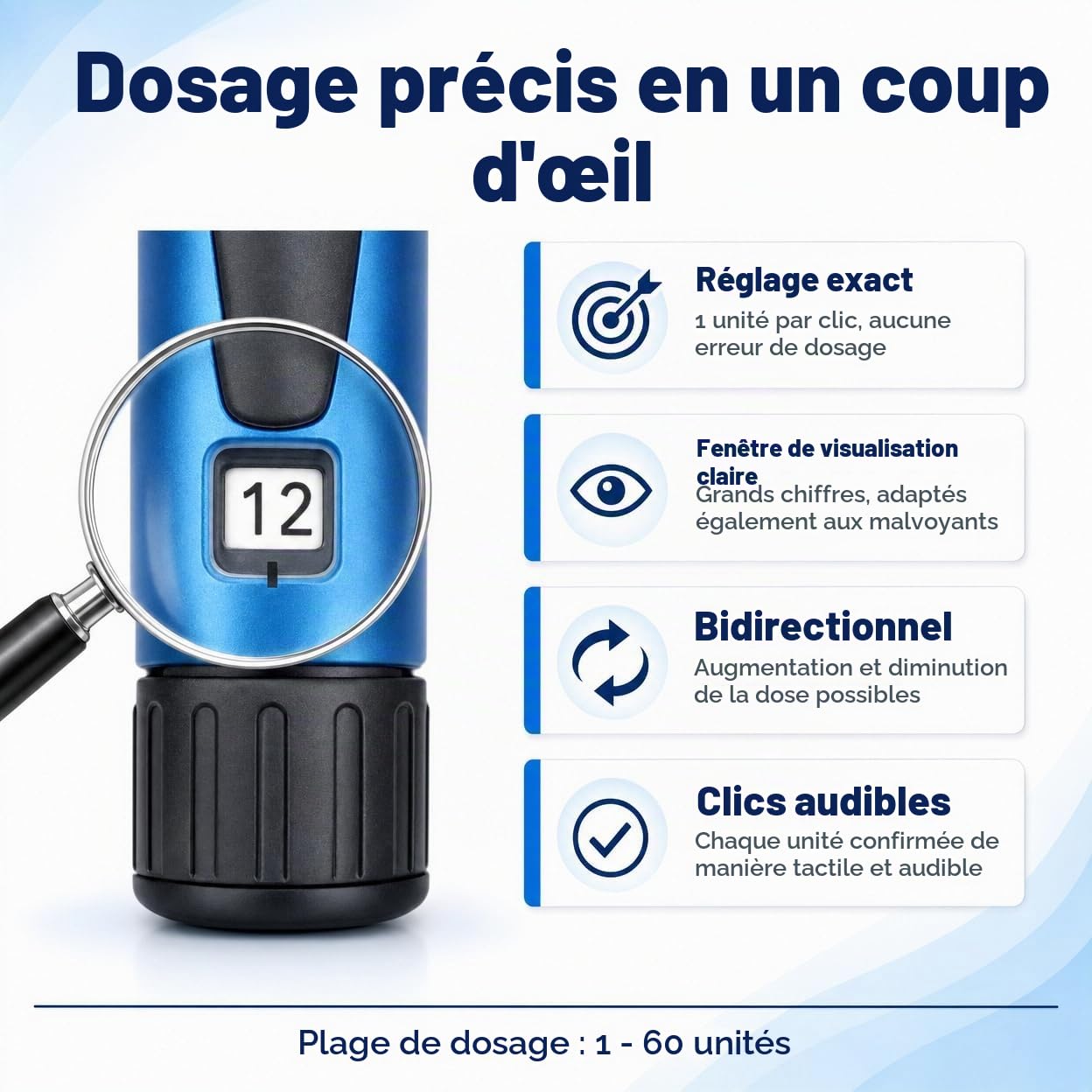 Stylo à insuline réutilisable, distributeur d'insuline, stylo à insuline, dosage précis de 1 à 60 unités, cartouches de 3 ml, léger et portable, appareil d'injection