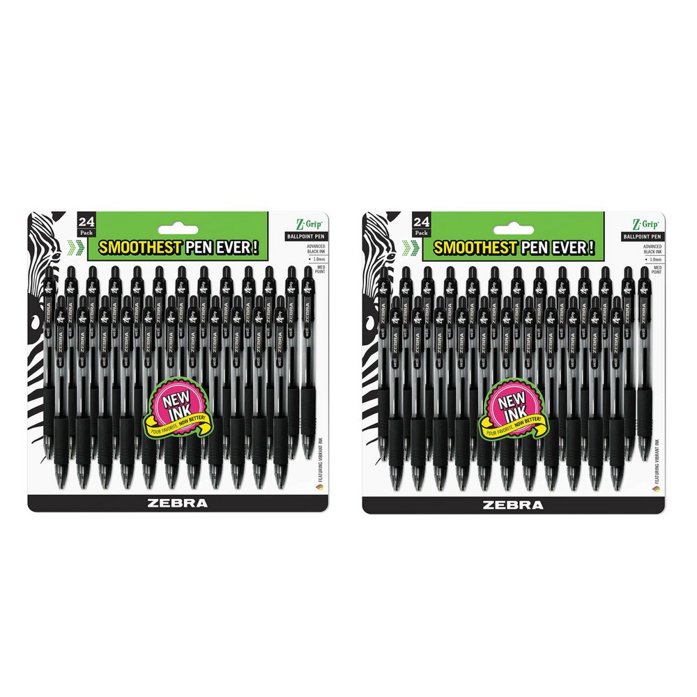 Zebra Z-Grip Retractable Ballpoint Pen, Medium Point 1.0mm, Black Ink, Clear Barrel, 24-Count (2 Packs)