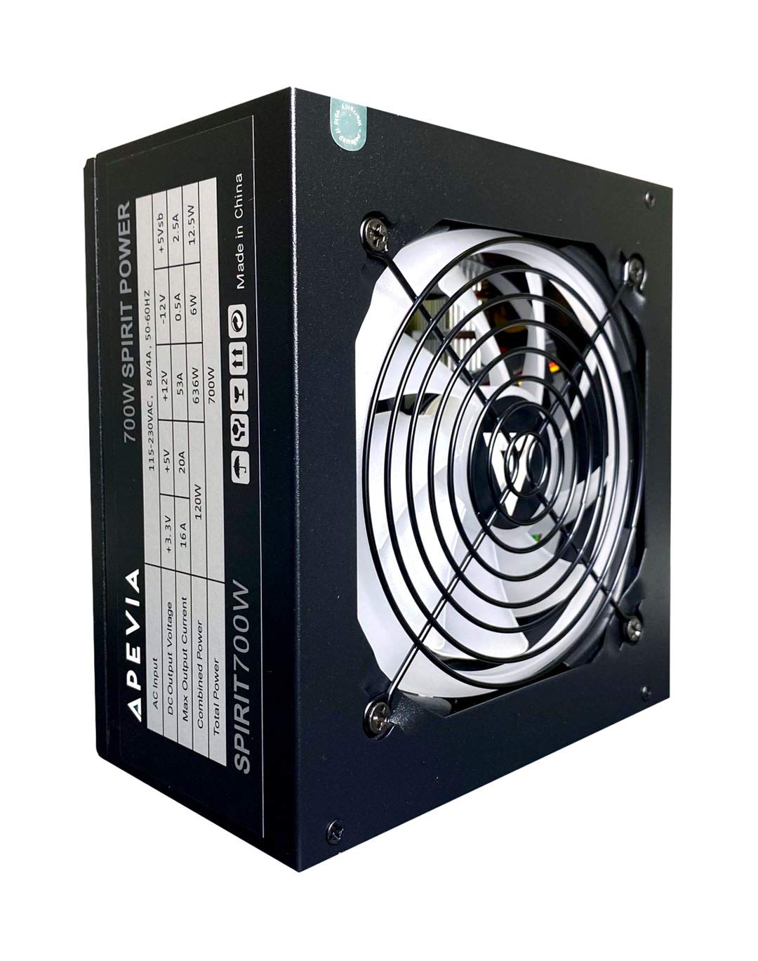 Apevia ATX-SR700W Spirit ATX Power Supply with Auto-Thermally Controlled 120mm White LED Fan, 115/230V Switch, All Protections