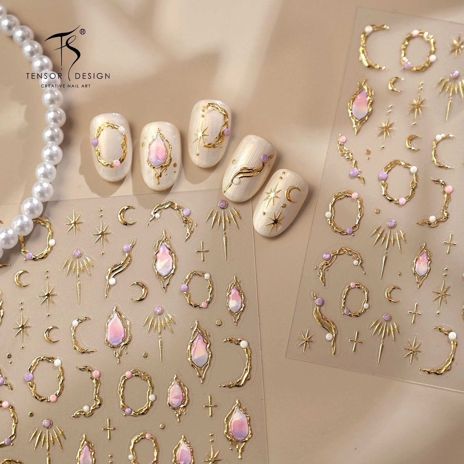 5D Embossed Gold Nail Stickers Star Nail Stickers for Nail Art with Pink Gemstone Design Nail Art Stickers Decals Hollow-Out Moon Self-Adhesive Manicure Supplies for Women