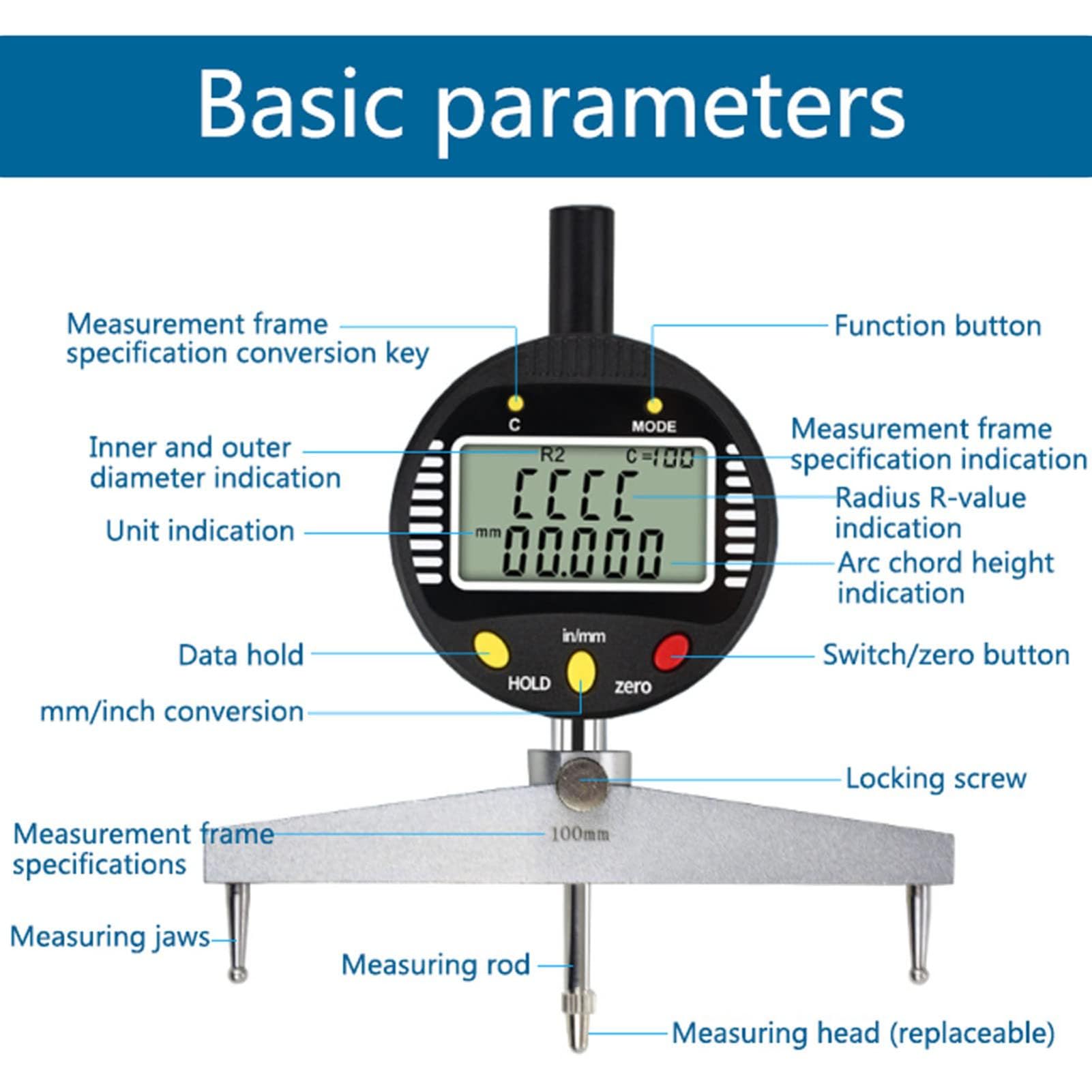Elektronischer Digitalradius -Messgerät, digitaler Radius -Messgerät mit hoher Genauigkeit mit austauschbarer Messung Jaws 10 mm/20 mm/30 mm/60 mm/100 mm, Radius -Messwerkzeug