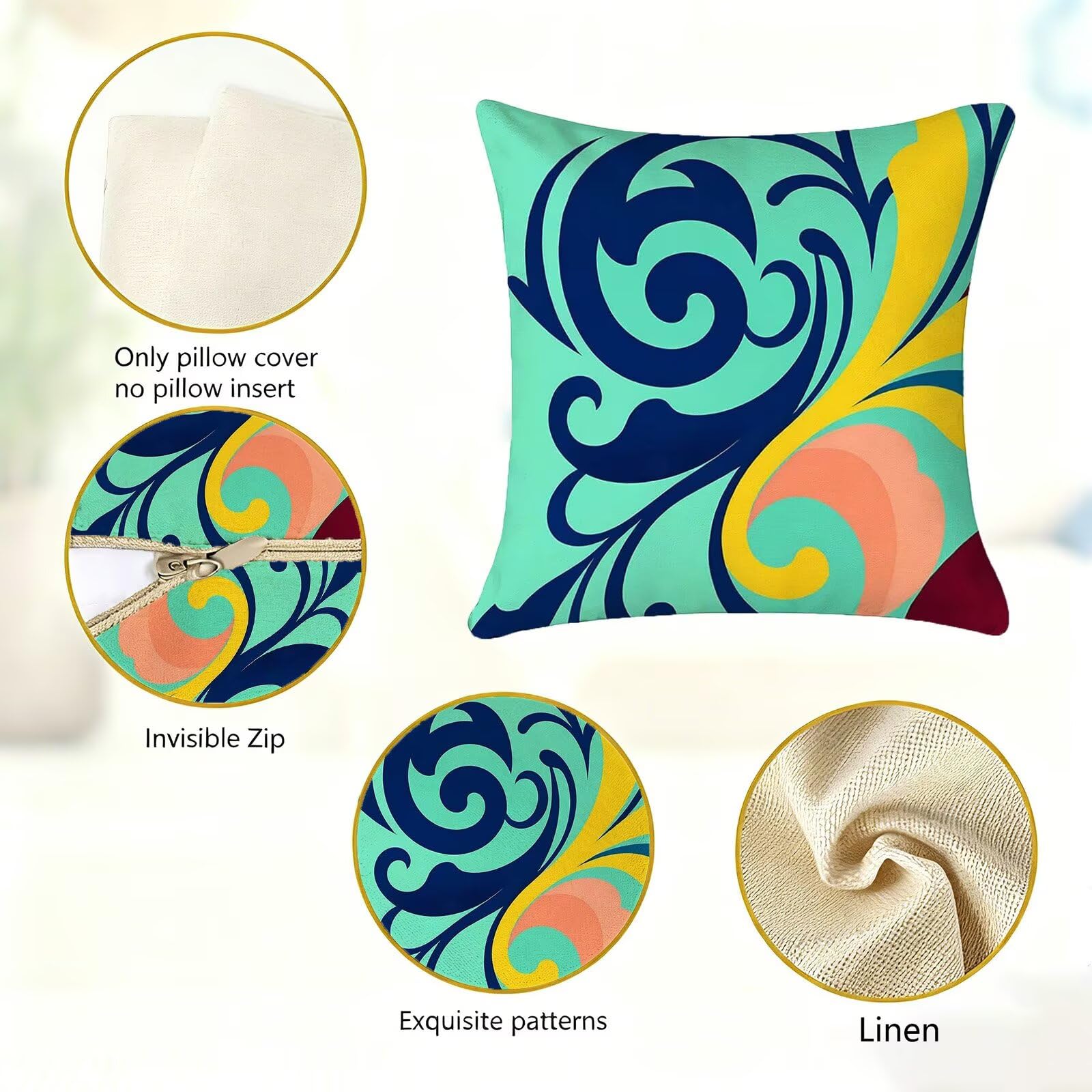 Blu Federe Cuscini Divano 40x40cm, Cuscini da Esterno Set de 4, Cod-94 | Lin Copricuscini Decorativi Letto Arredo, per Letto, Soggiorno, Giardino, Esterno, Casa Decorazione Set di 4 Foglie