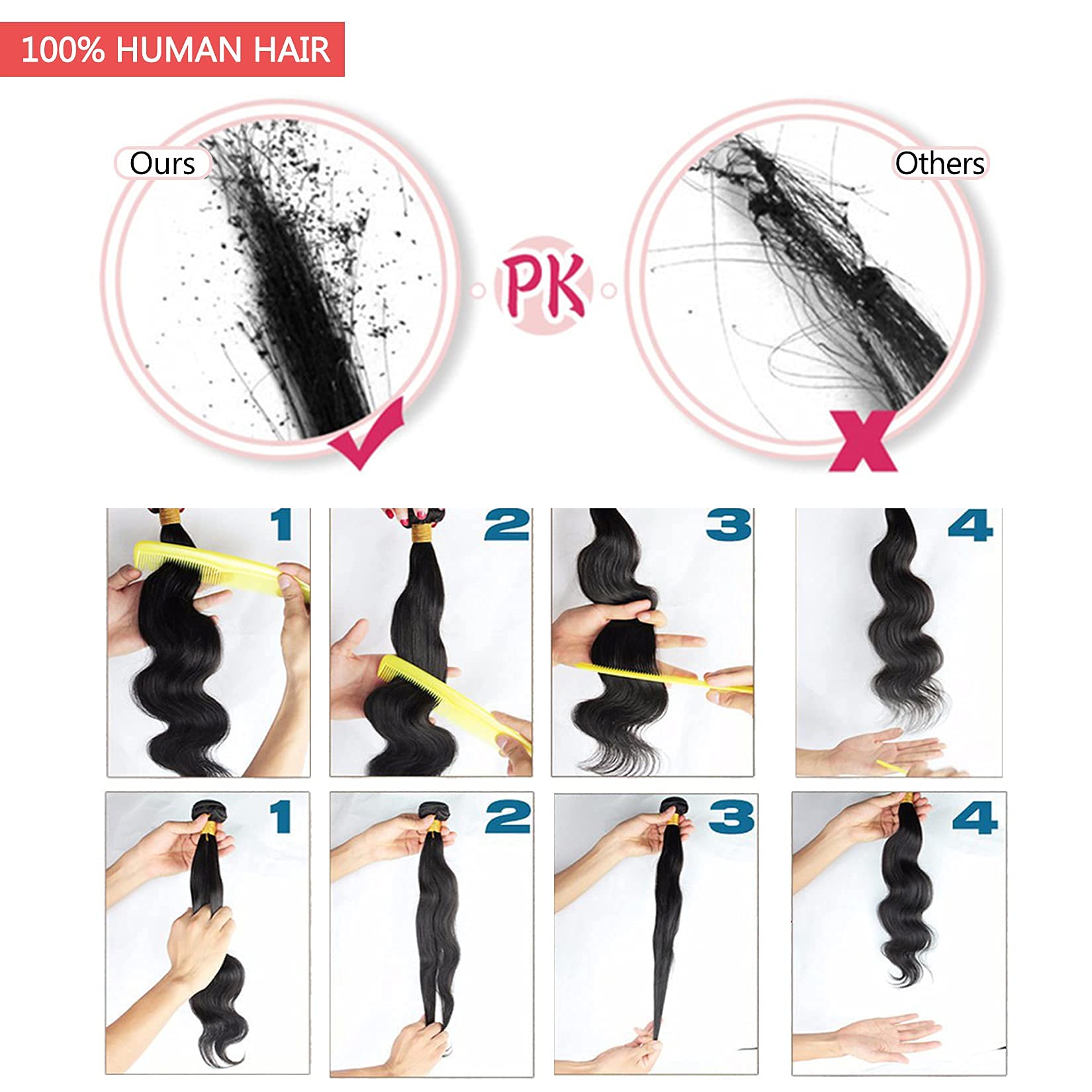 10pin nature,26in,Extension de Cheveux Humains 6D, Extension de Plumes, Cheveux Humains, 6D Natural Hair Extensions, Vraies Perruques Humaines, Pas d'Emmêlement, Pose/Dépose Rapide