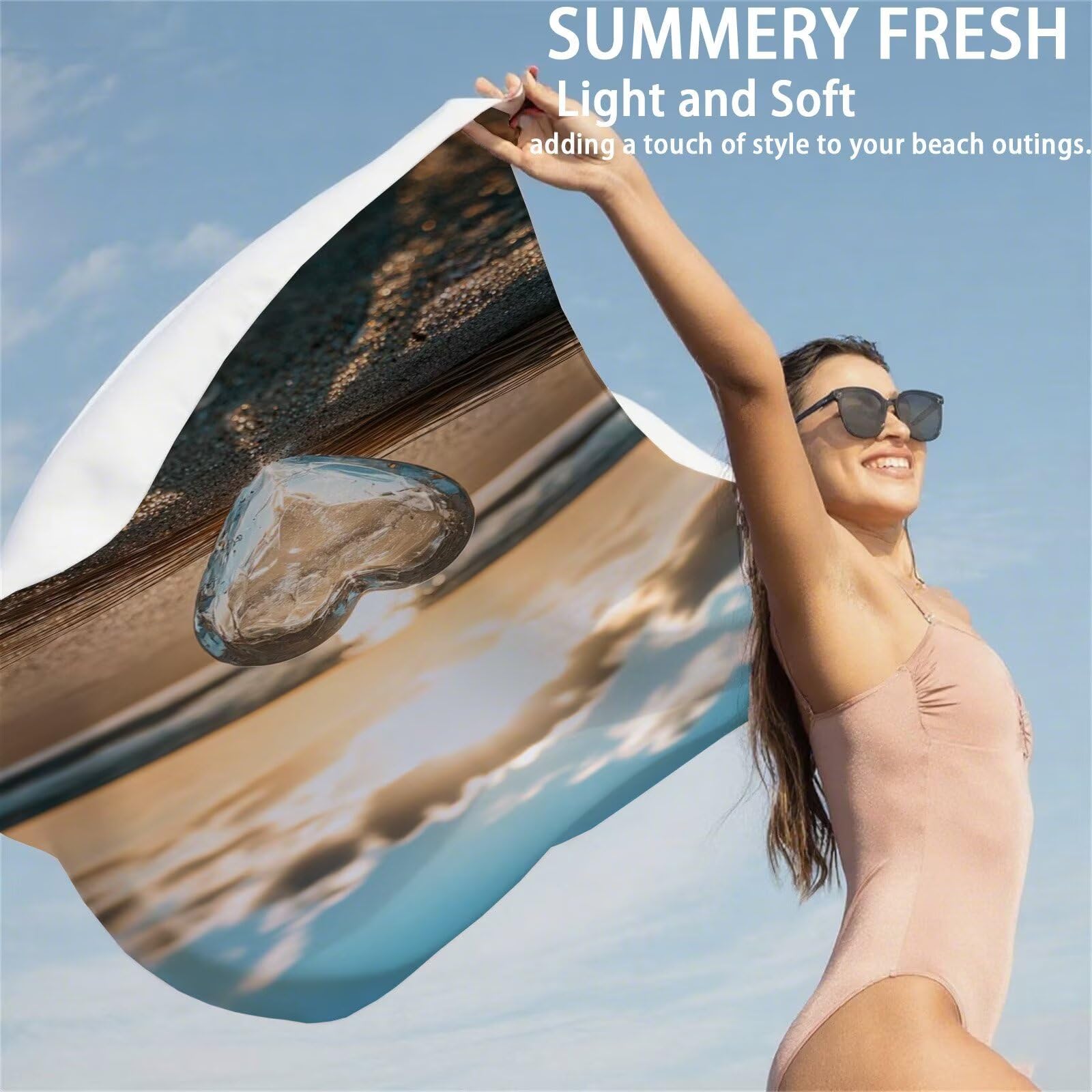 Duży ręcznik z mikrofibry 220 x 100 cm Ręcznik plażowy Serce Ręczniki plażowe Szybkoschnący, Ręczniki kąpielowe z torbą, Ręcznik plażowy Zachód słońca Antypiaskowy Lekki do basenu Pływanie Joga