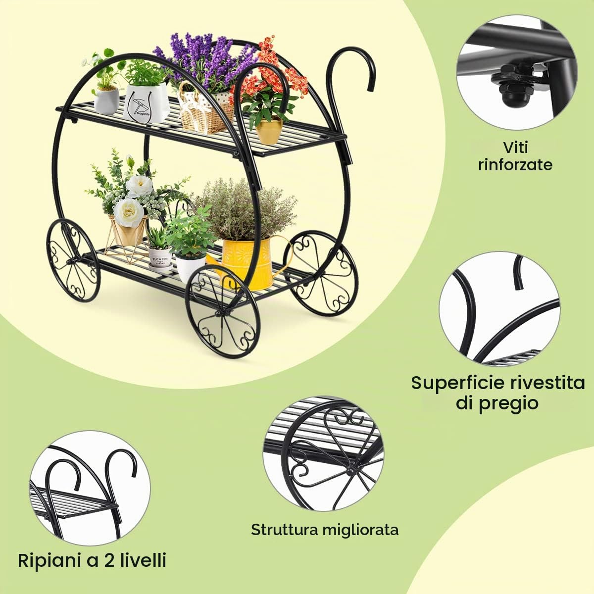 Scaffale per Piante in Metallo, Espositore Unico e Delicato per Fiori da Esterni, Supporto per Fiori, Porta Piante in Ferro Battuto a 2 Livelli da Balcone, Salotto, 66 x 34 x 62,5 cm, Nero