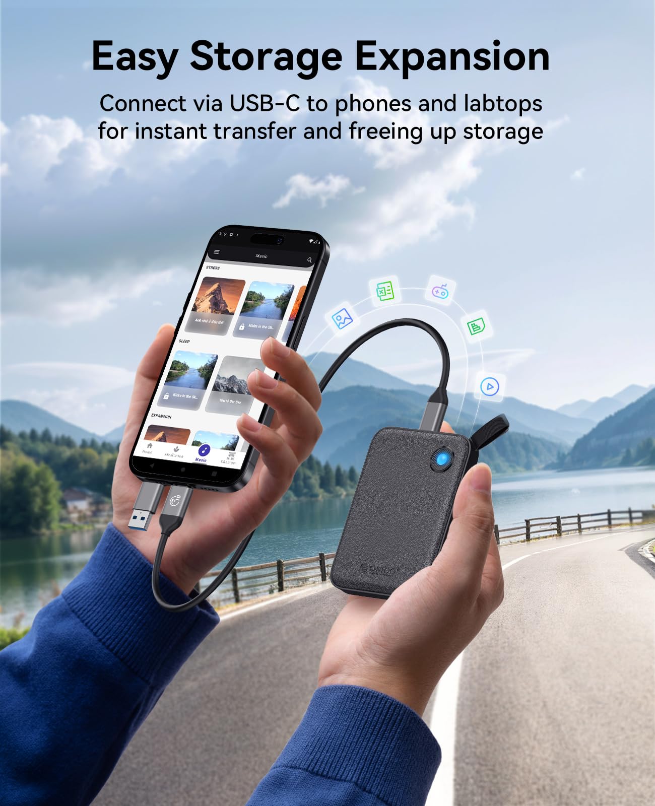 ORICO SSD Portátil Extremo 480GB, hasta 460 MB/s, SSD NVMe Portátil con Cable USB C 2 en 1 para iPhone 15/16/17, Mac, PC, Smartphone y Consola de Juegos, B5Plus-VB