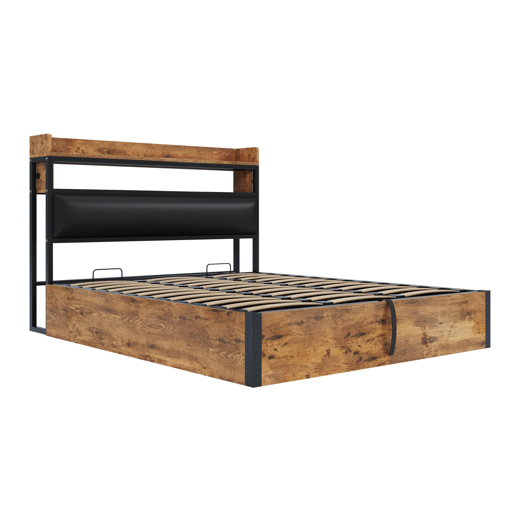 Letto 180 x 200 con sollevamento idraulico, USB, testata imbottita, design vintage in legno e metallo, spazio di archiviazione nascosto per letto matrimoniale. Mobili moderni per camera da letto