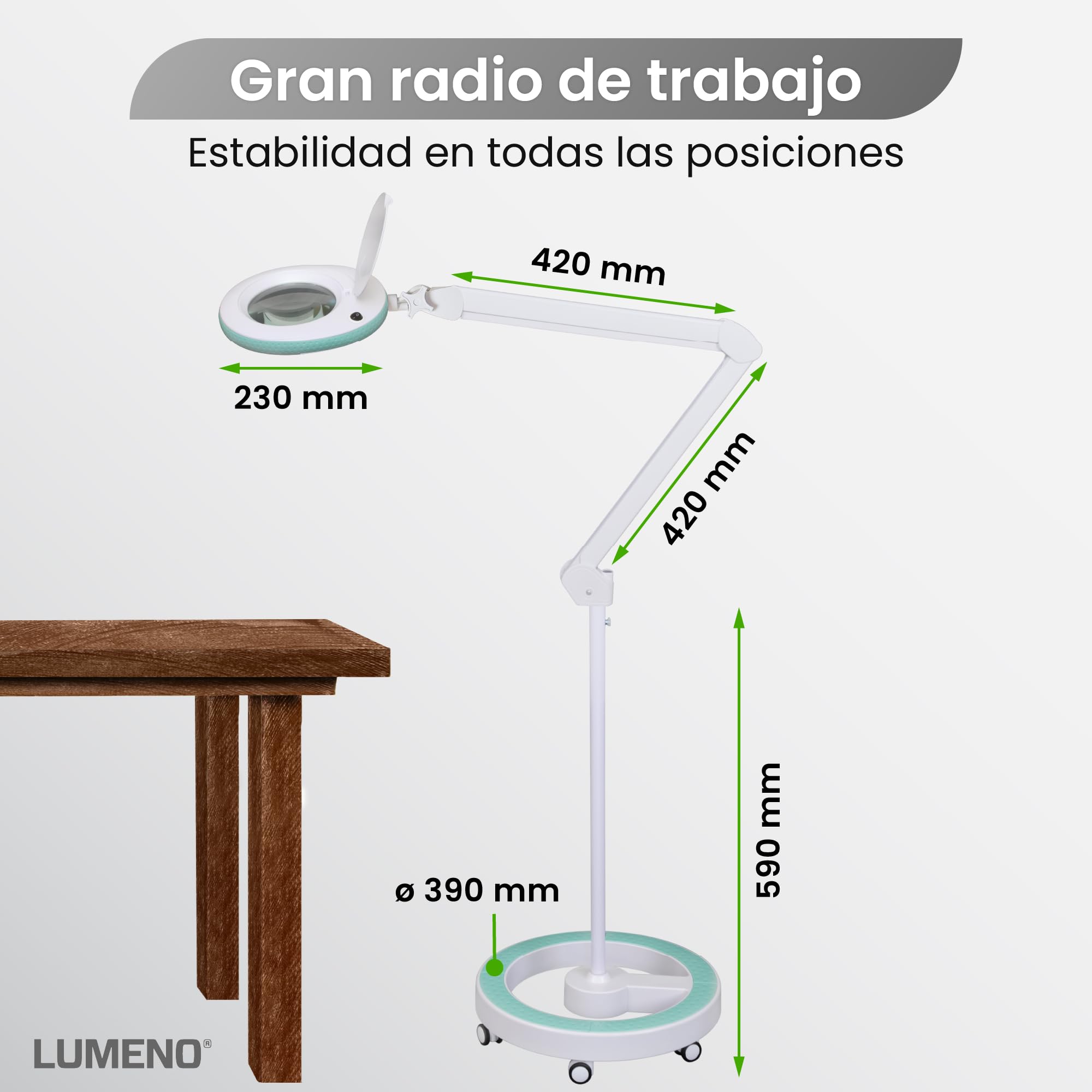 Lumeno Lámpara de aumento LED 7213GN, lente de cristal de 127 mm, lámpara trabajo, lámpara cosmética, adecuada para cosméticos, aficionados, ayuda a la lectura, 3 dioptrías verde con trípode rodante