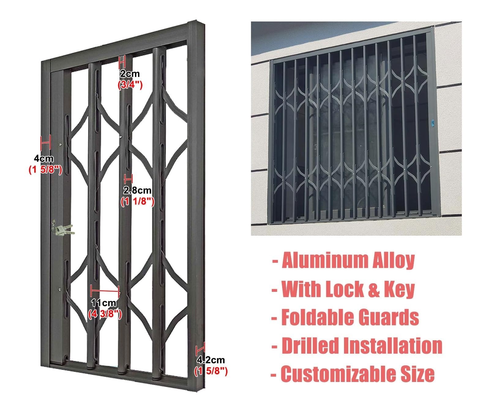 Schiebe-Sicherheits-Fenstergitter für drinnen und draußen, kindersicher, abschließbar, klappbar, Sicherheitsbarriere-Zaun (B 70 x H 120 cm)
