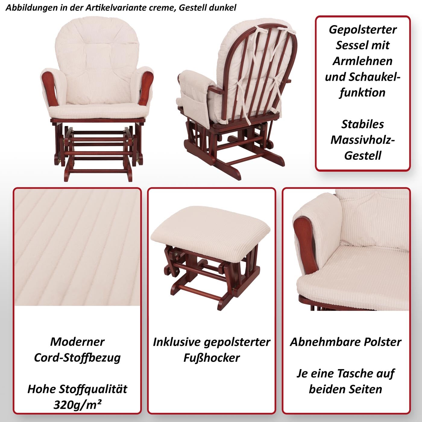 Mendler Poltrona a dondolo HWC-C76 sedia relax poggiapiedi Stoffa/tessuto a coste (320g/m²) - rosa, struttura scura
