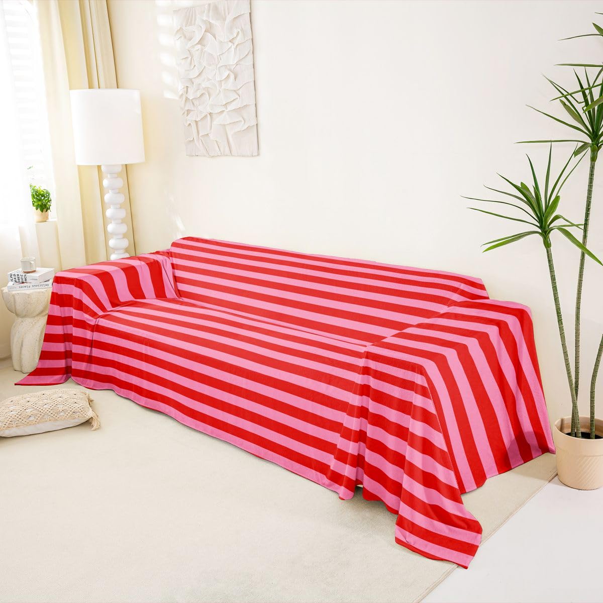 Homewish Funda de sofá a rayas rosas y rojas de 180 x 340 cm para 2, 3 y 4 plazas