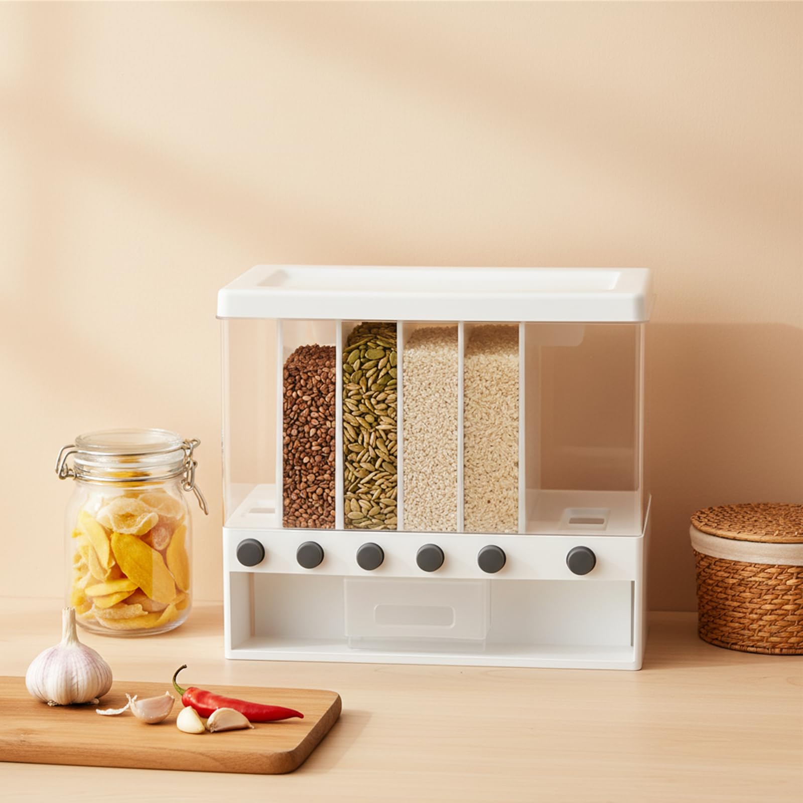 Distributeur Céréales 6 Compartiments Réservoir Alimentaire à Grains Secs avec Tasse Boîte de Rangement pour Cuisines Stockage Hermétique pour Salles à Manger, Garde-manger