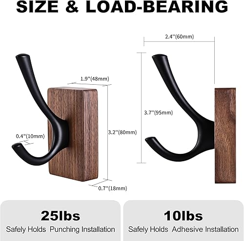 Miniatura 4 de Paquete de 4 ganchos de pared de madera de nogal para colgar, montaje adhesivo y montaje en pared, colgador decorativo de madera de doble gancho