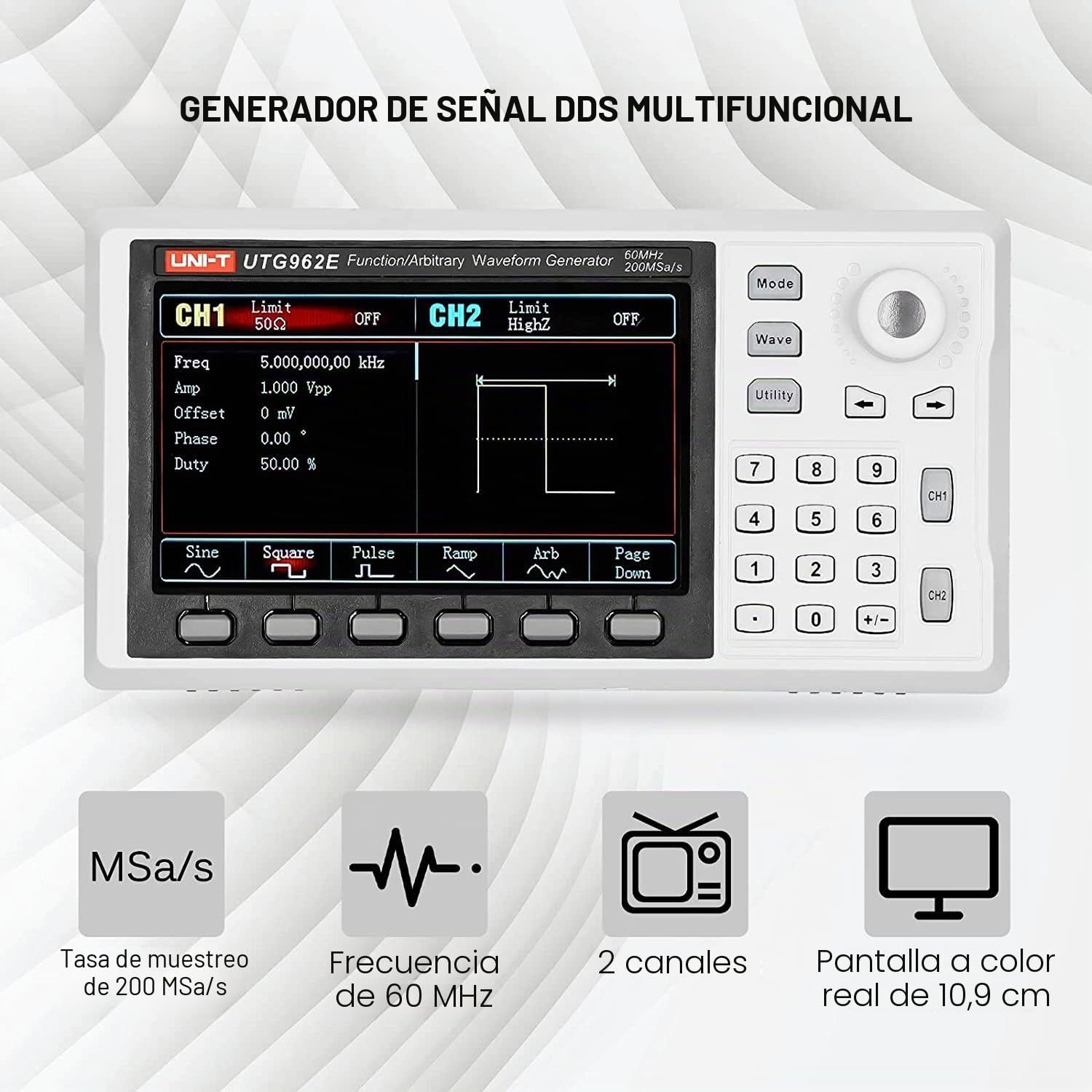 UNI-T UTG962E Generador de señal, DDS 60MHz Generador de forma de onda arbitraria con LCD TFT de 4,3 pulgadas, 200MSa/s Medidor de frecuencia de 2 canales (110-240V Enchufe EU) Tienda en Alemania, ¡3