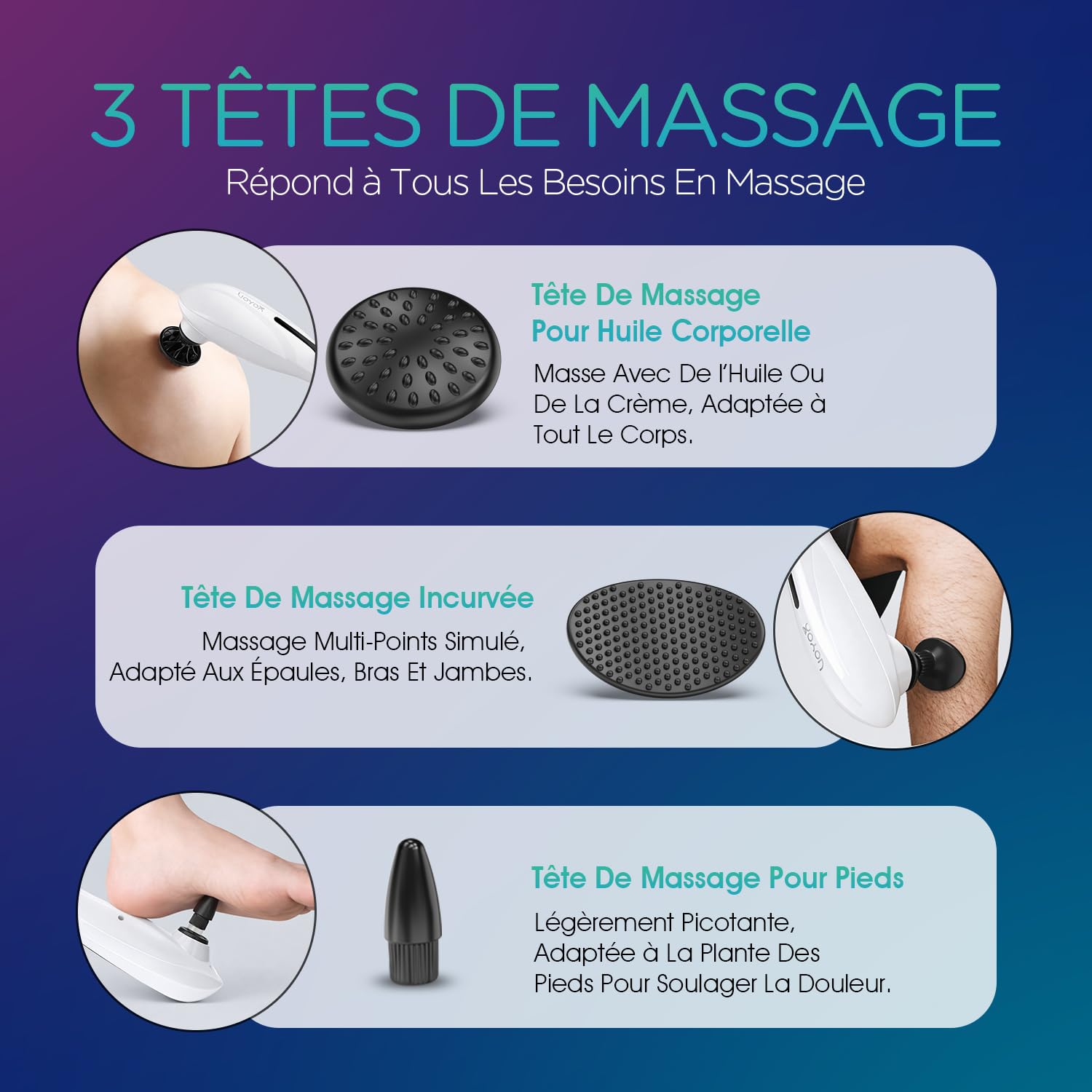 VOYOR-HEALTH Appareil de Massage Dos Électrique à Percussion Sans Fil MH560 | Massage à Percussion Portable avec 3 Têtes de Massage, Idéal pour Dos, les Cervicales, les Épaules, les Jambes et les Pieds