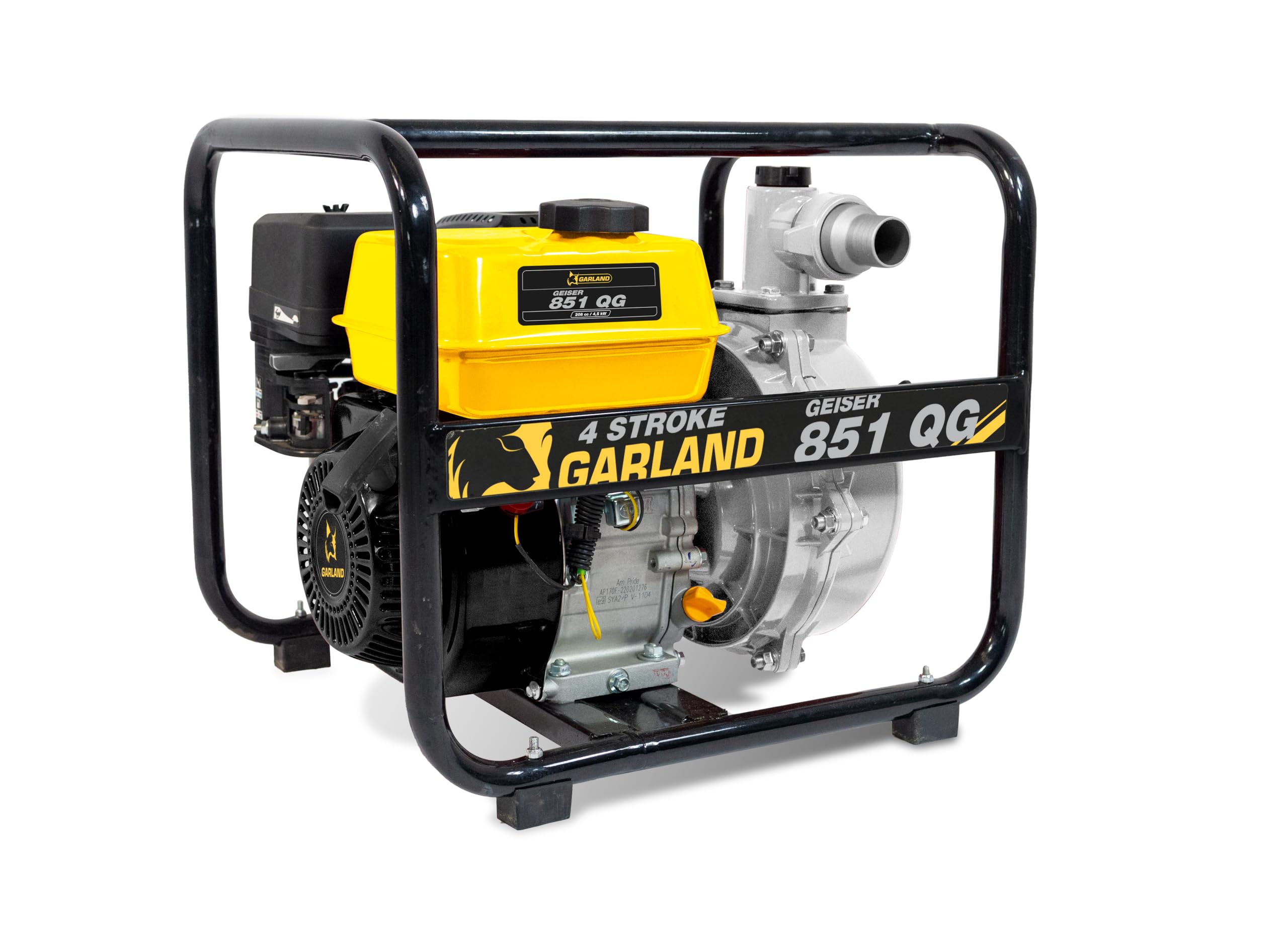 GARLAND GEISER 801QG-V23 – Motobomba de agua a gasolina 4T, 208 cc, 2", 29 m³/h, altura impulsión 50 m, aspiración 7 m, depósito 3,6 L, racores 1,5"/2", alta presión para riego y trasvase