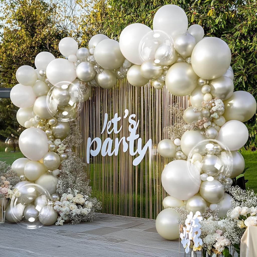 Pearl Balloon Garland Double Stuffed Pearl White Gold Balloon Arch Kit Different Sizes With Clear Bobo Balloon for Birthday Baby Shower Anniversary Wedding Party decor