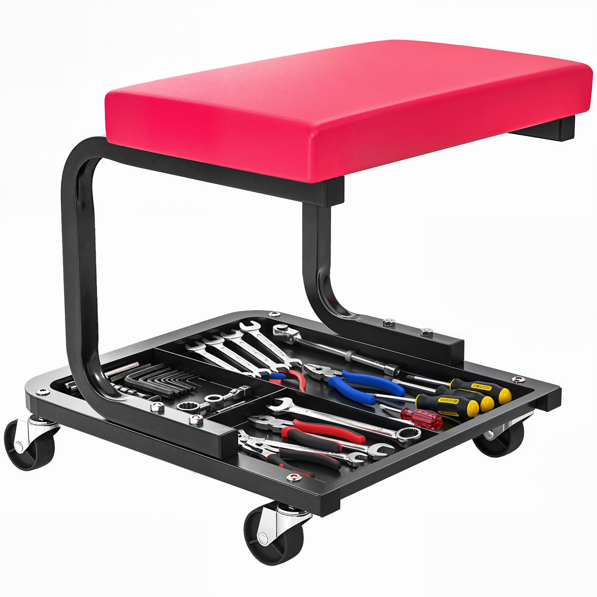 HOMCOM Tabouret de Mécanicien Tabouret d'Atelier Mobile Plateau à Outils | Charge 135 kg, Siège d'Atelier avec Roulettes Lisses Pivotant à 360°, pour Entretien, Réparation Automobile, Garage