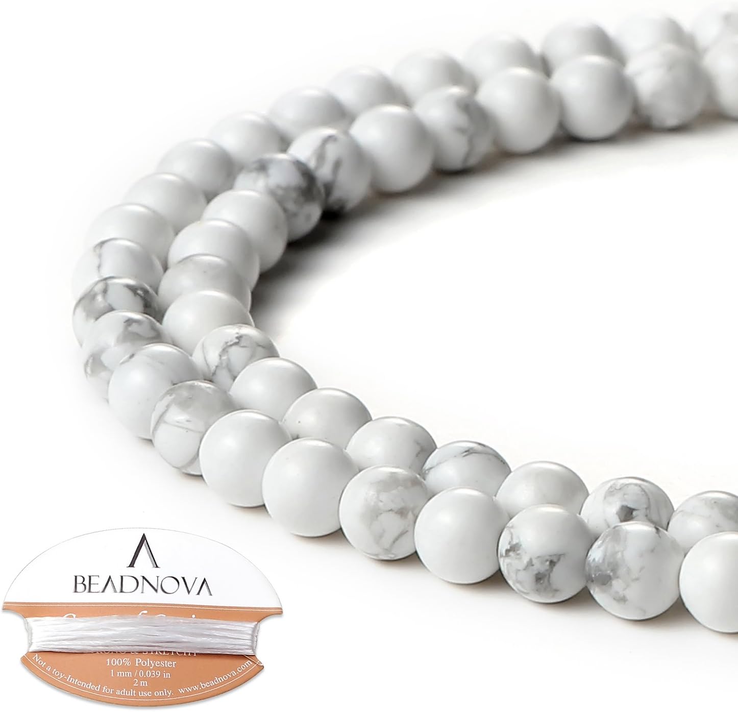 BEADNOVA Natural White Howlite Beads Natural Crystal Beads Stone Gemstone Round Loose Energy Healing with Crystal Stretch Cord for Jewelry Making (4mm, 90-92pcs)