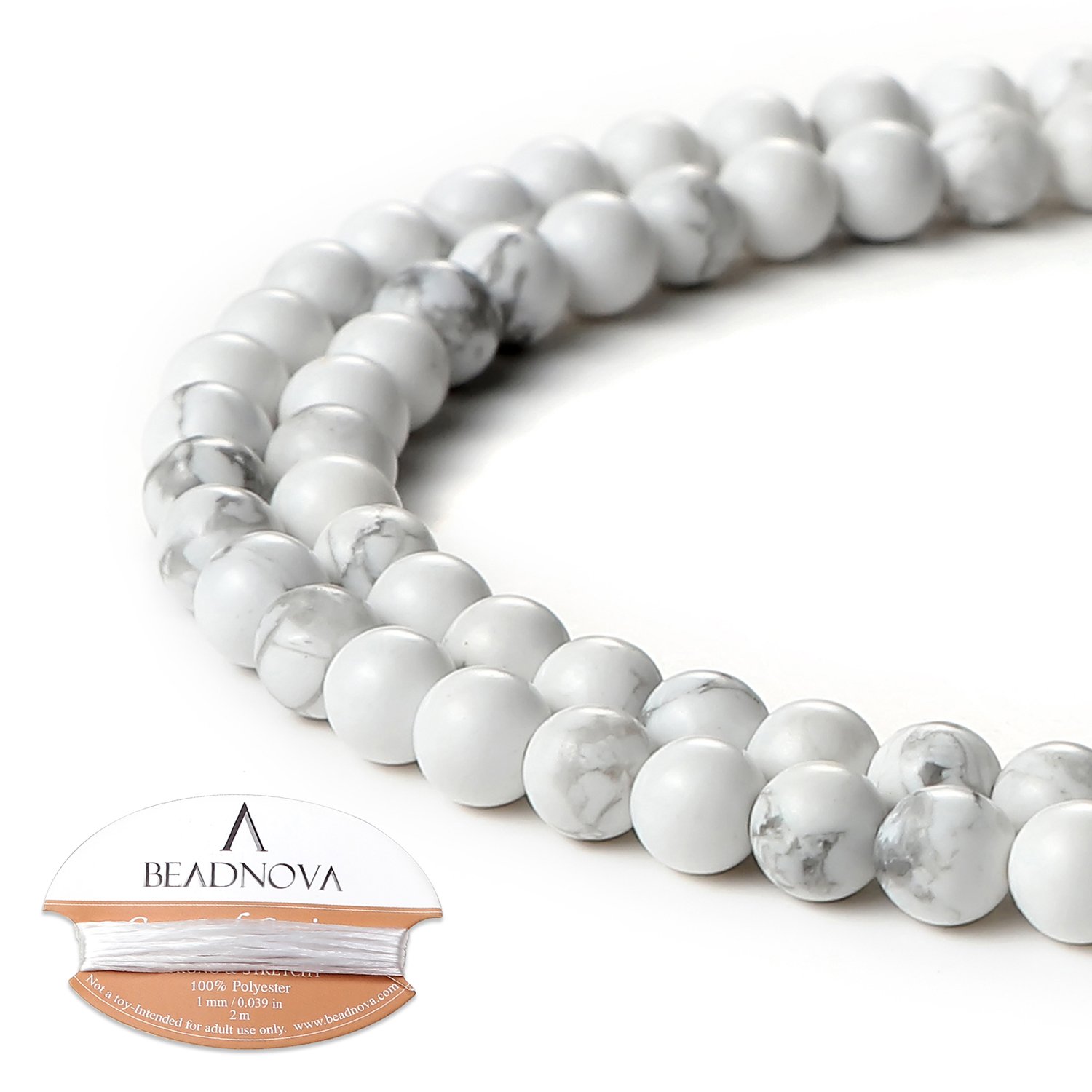 BEADNOVA Natural White Howlite Beads Natural Crystal Beads Stone Gemstone Round Loose Energy Healing with Crystal Stretch Cord for Jewelry Making (4mm, 90-92pcs)